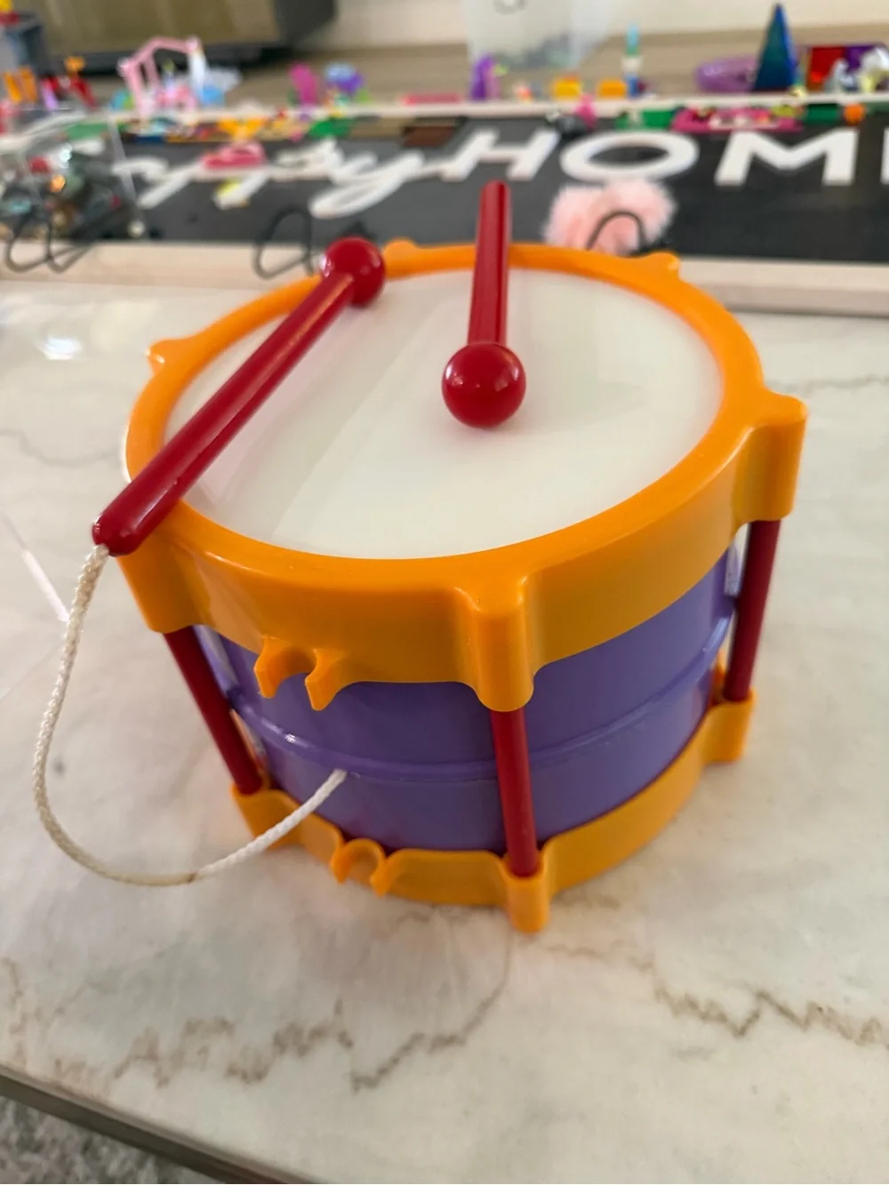 Little Tikes TOY DRUM with Drumsticks attached Red Blue Yellow Plastic Vintage